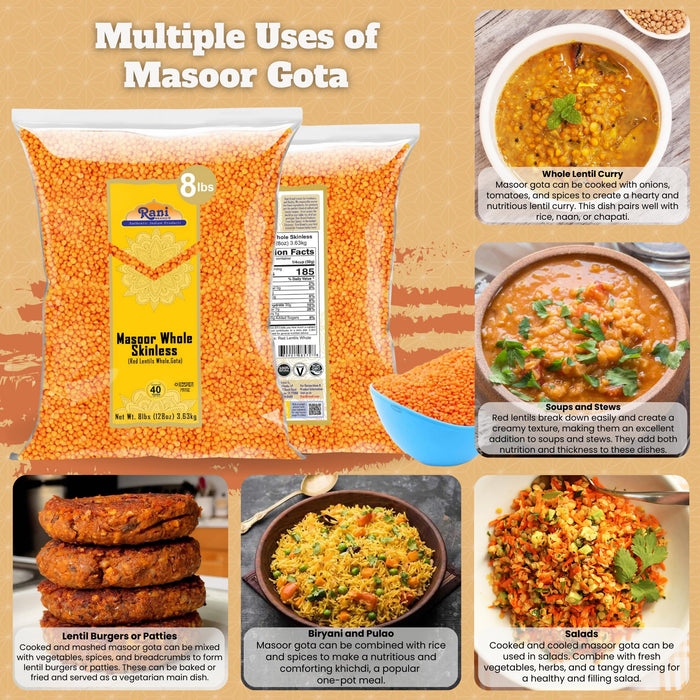 Rani Masoor Gota (Football) Indian Red Lentils Skinless 128oz (8lbs) 3.63kg Bulk ~ All Natural | Gluten Friendly | NON-GMO | Kosher | Vegan | Product of USA
