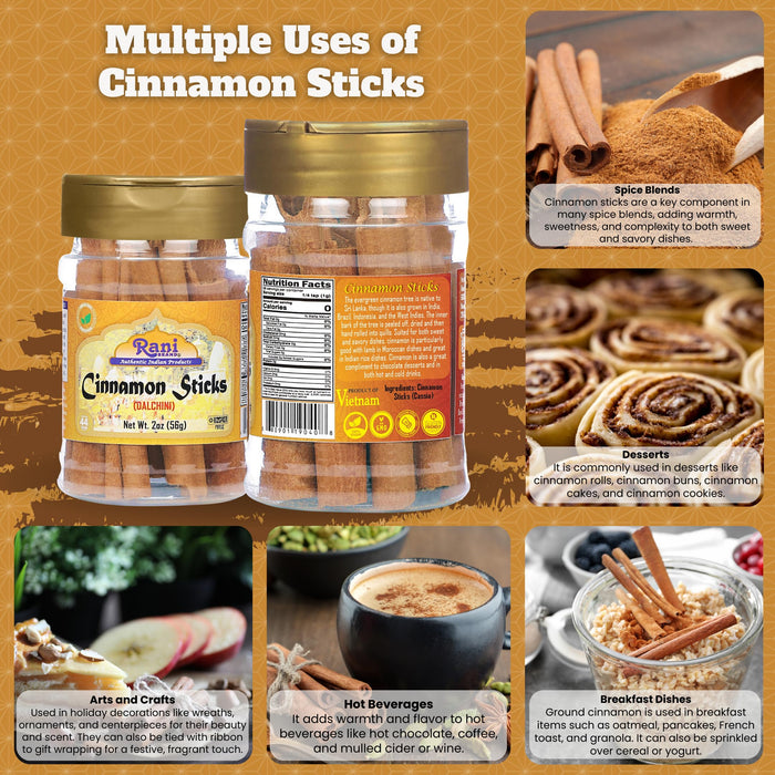 Rani Cinnamon Sticks 2oz (56g) PET Jar - 10-13 Sticks - Strong Aroma, Perfect for Baking, Cooking & Beverages | 3+ Inches Length - Cassia Saigon Cinnamon from Vietnam | Kosher