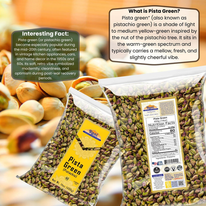 Rani Pista (Pistachio) Green 14oz (400g) ~ All Natural | Gluten Friendly | Vegan | NON-GMO | Kosher | No Salt or fillers | Indian Origin