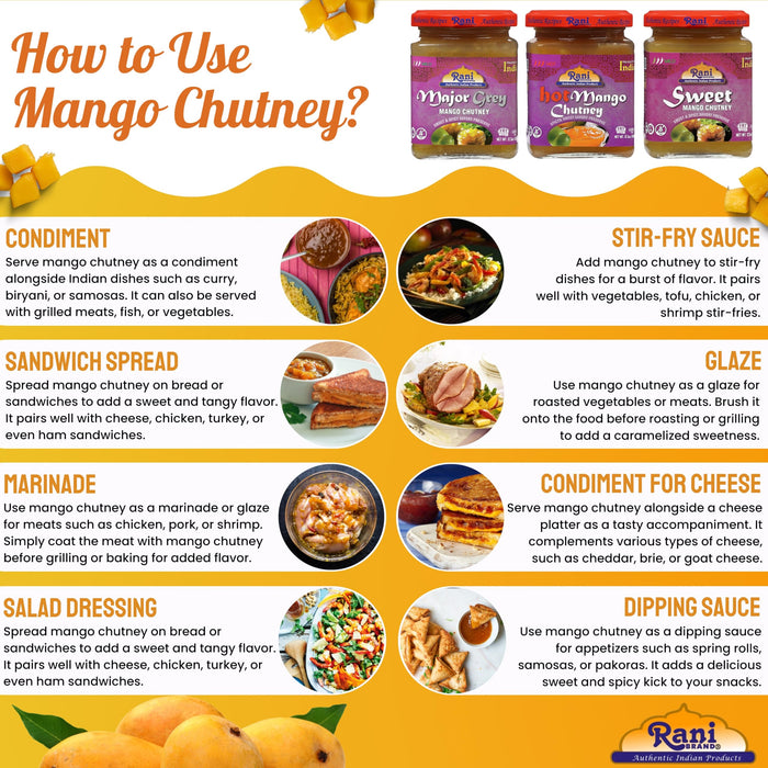 Rani 3-in-1 Mango Chutney (Hot, Sweet, Major Grey) 12.3oz (350g) Glass Jar, Ready to eat, Vegan ~ Gluten Free, All Natural, NON-GMO, Kosher