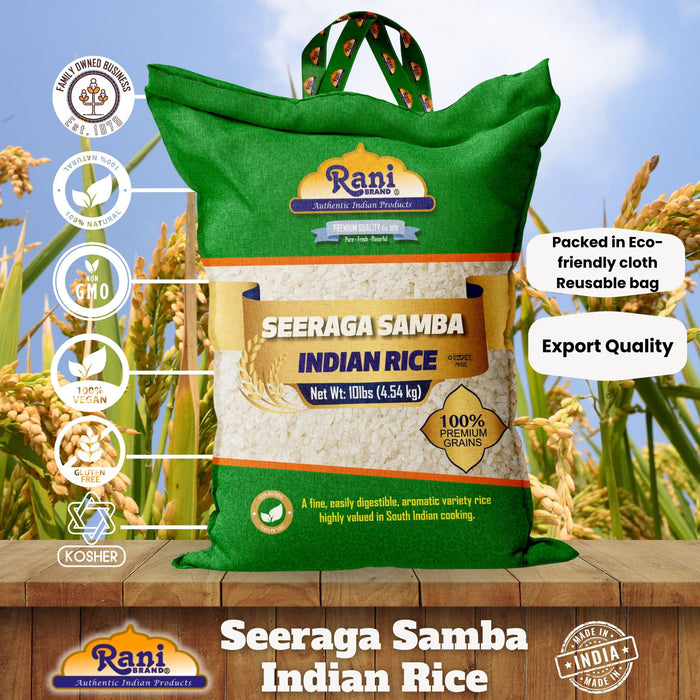 Rani Seeraga Samba Indian Rice 160oz (10lbs) 4.54kg Cloth Bag ~ All Natural | Gluten Friendly | Vegan | Kosher | Export Quality | Indian Origin