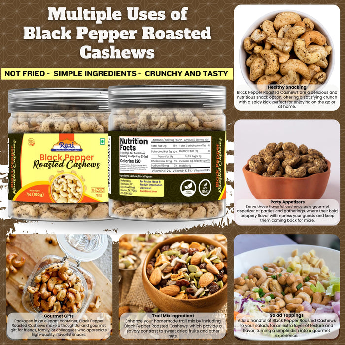 Rani Black Pepper Roasted Cashews 7oz (200g) PET Jar, Non-Fried, Oil Free ~ All Natural | Vegan | Gluten Friendly | NON-GMO | Kosher | Air Roasted, Crunchy & Flavorful