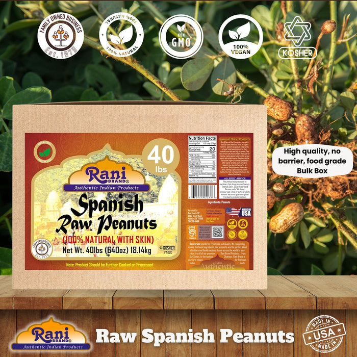 Rani Raw Spanish Peanuts 100% Natural with Skin (uncooked, unsalted) 40lbs (640oz) 18.14kg Bulk Box ~ Vegan | Gluten Friendly | Fresh Product of USA | Kosher | Red-brown Skin