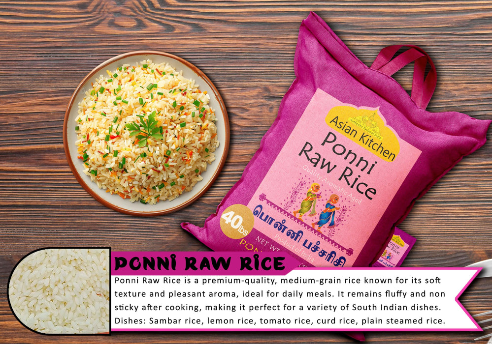 Asian Kitchen Ponni Raw Rice 40-Pound Bag, 40lbs (18.14kg) Short Grain Rice ~ All Natural | Gluten Friendly | Vegan | Indian Origin | Export Quality
