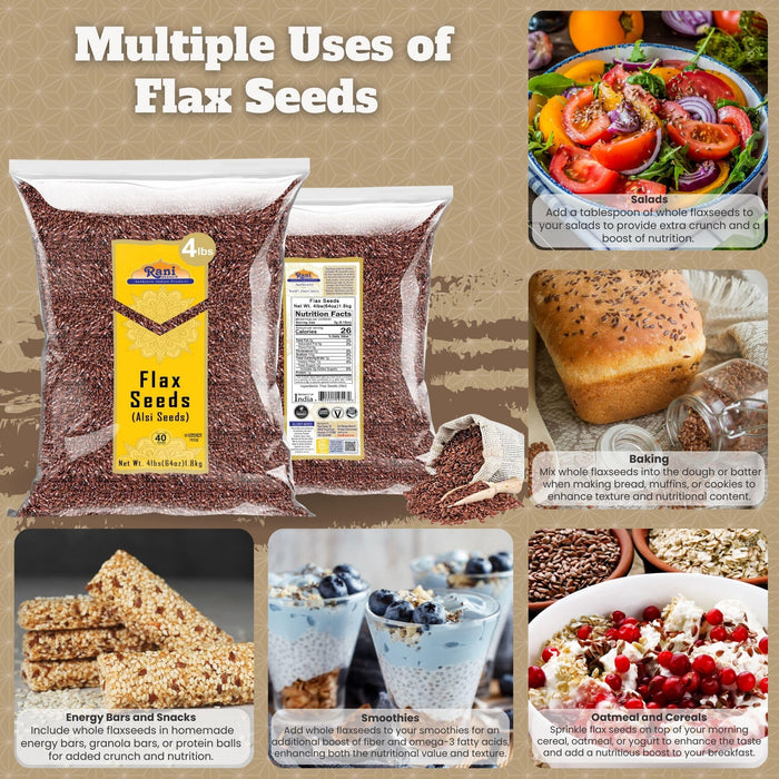 Rani Flax Seeds Whole Raw (Alsi, Linum usitatissimum) 64oz (4lbs) 1.81kg Bulk ~ All Natural | Gluten Friendly | Non-GMO | Kosher | Vegan | Indian Origin
