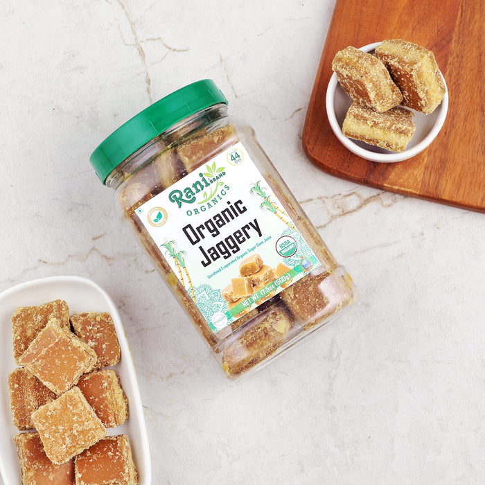 Rani Organic Jaggery (Unrefined Evaporated Organic Sugar Cane Juice) 17.5oz (1.1lbs) 500g PET Jar ~ Gluten Friendly | Vegan | NON-GMO | No Salt or fillers | Indian Product | USDA Certified Organic