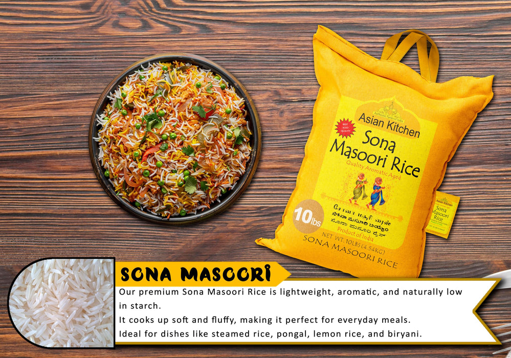Asian Kitchen White Sona Masoori Aged Rice 10lbs (4.54kg) Short Grain Rice ~ All Natural | Gluten Friendly | Vegan | Indian Origin | Export Quality