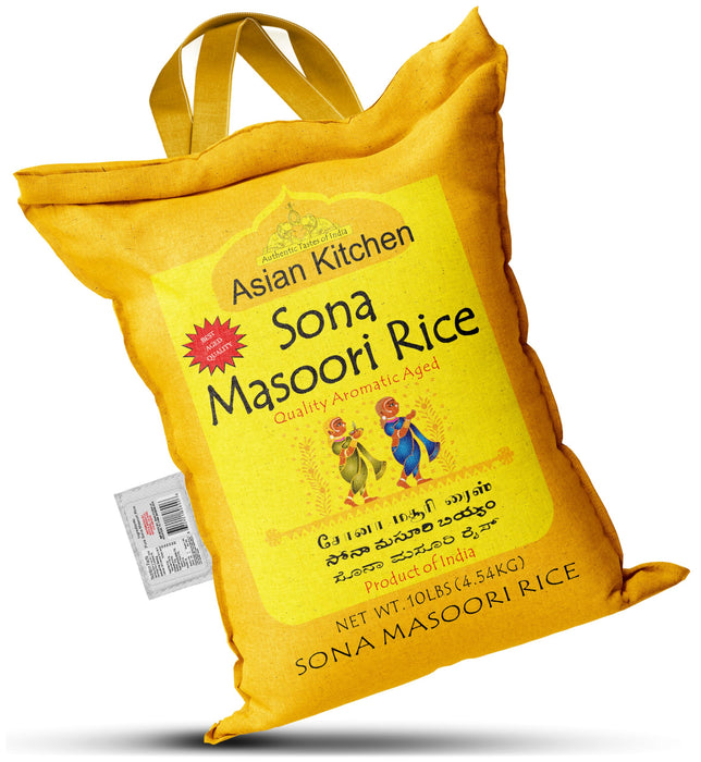 Asian Kitchen White Sona Masoori Aged Rice 10lbs (4.54kg) Short Grain Rice ~ All Natural | Gluten Friendly | Vegan | Indian Origin | Export Quality