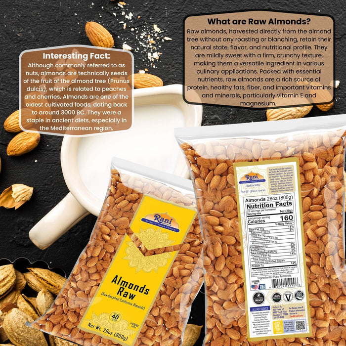 Rani Almonds, Raw Whole With Skin 28oz (800g) ~ All Natural | Vegan | Kosher | Gluten Friendly | Fresh Product of USA ~ California Shelled Almonds