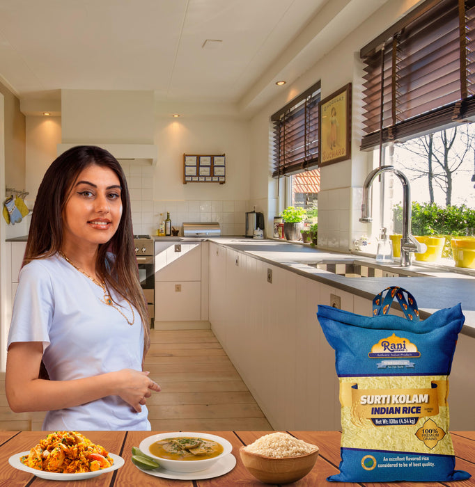 Rani Surti Kolam Indian Rice 160oz (10lbs) 4.54kg Cloth Bag ~ All Natural | Gluten Friendly | Vegan | Kosher | Export Quality | Indian Origin