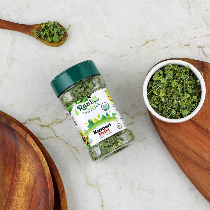 Rani Organic Fenugreek Leaves Dried (Kasoori Methi) 1oz (28g) PET Jar ~ All Natural | Vegan | Gluten Friendly | NON-GMO | Indian Origin | USDA Certified Organic