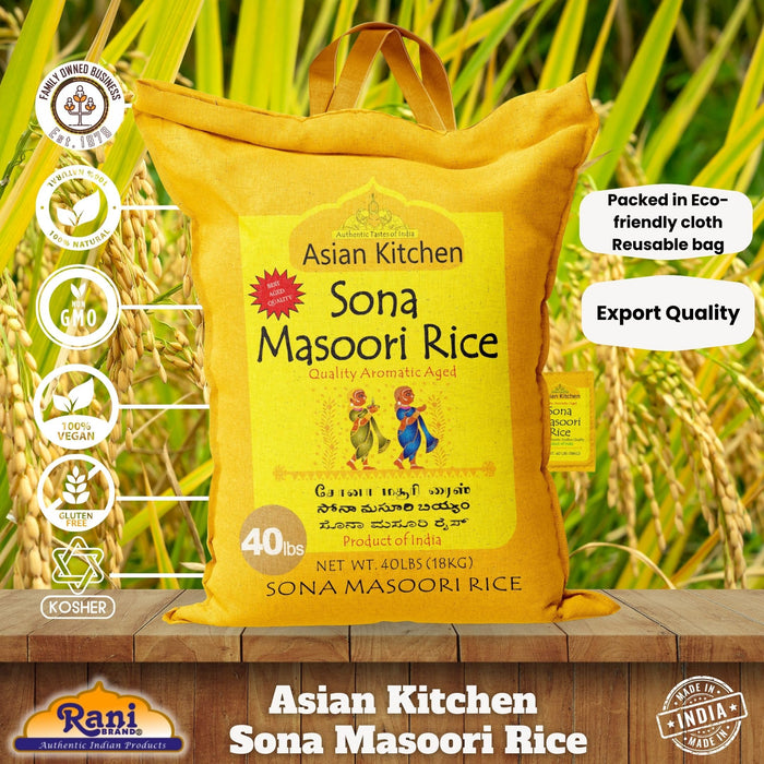 Asian Kitchen White Sona Masoori Aged Rice 40-Pound Bag, 40lbs (18.14kg) Short Grain Rice ~ All Natural | Gluten Friendly | Vegan | Indian Origin | Export Quality