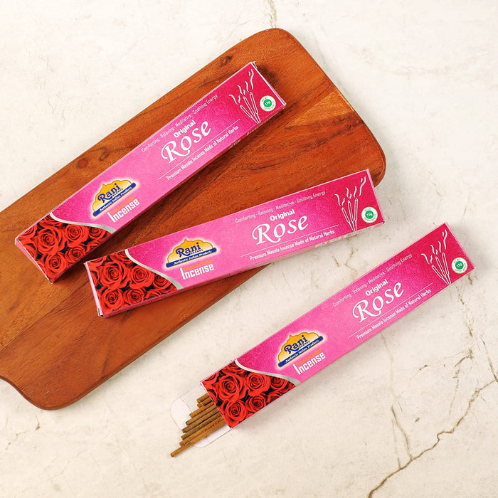 Rani Original Rose Incense (Premium Masala Incense Made of Natural Herbs) 15g x 10 Packets ~ Total of 100 Incense sticks | For Puja Purposes | Indian Origin
