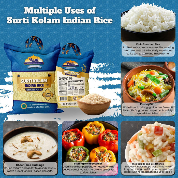 Rani Surti Kolam Indian Rice 160oz (10lbs) 4.54kg Cloth Bag ~ All Natural | Gluten Friendly | Vegan | Kosher | Export Quality | Indian Origin