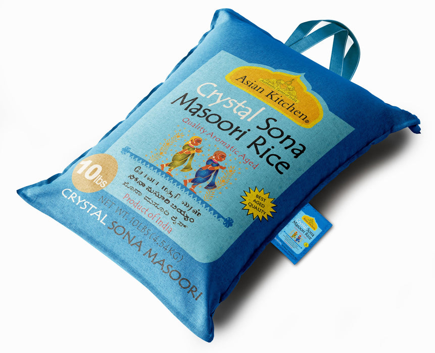 Asian Kitchen Crystal Sona Masoori Aged Rice 10lbs (4.54kg) Short Grain Rice ~ All Natural | Gluten Friendly | Vegan | Kosher | Indian Origin | Export Quality
