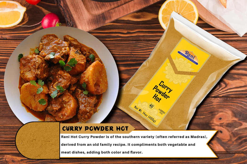 Rani Curry Powder Hot (11-Spice Authentic Indian Blend) 14oz (400g) ~ All Natural | Salt-Free | Vegan | No Colors | Gluten Friendly | NON-GMO | Kosher | Indian Origin