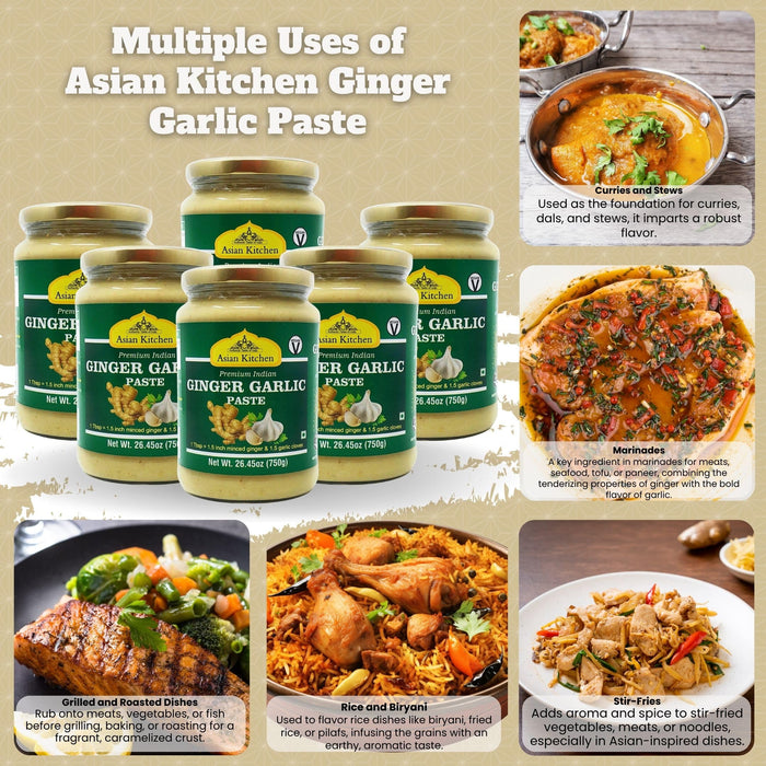 Asian Kitchen Ginger-Garlic Cooking Paste 26.5oz (1.65lbs) 750g ~ Pack of 5 + 1 FREE ~ Vegan | Glass Jar | Gluten Free | NON-GMO | No Colors