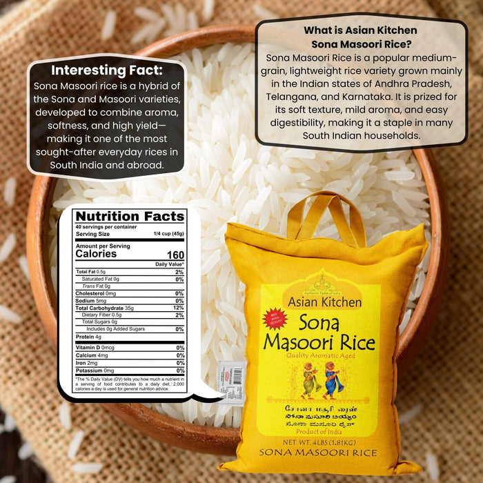 Asian Kitchen White Sona Masoori Aged Rice 4lbs (1.81kg) Short Grain Rice ~ All Natural | Gluten Friendly | Vegan | Indian Origin | Export Quality