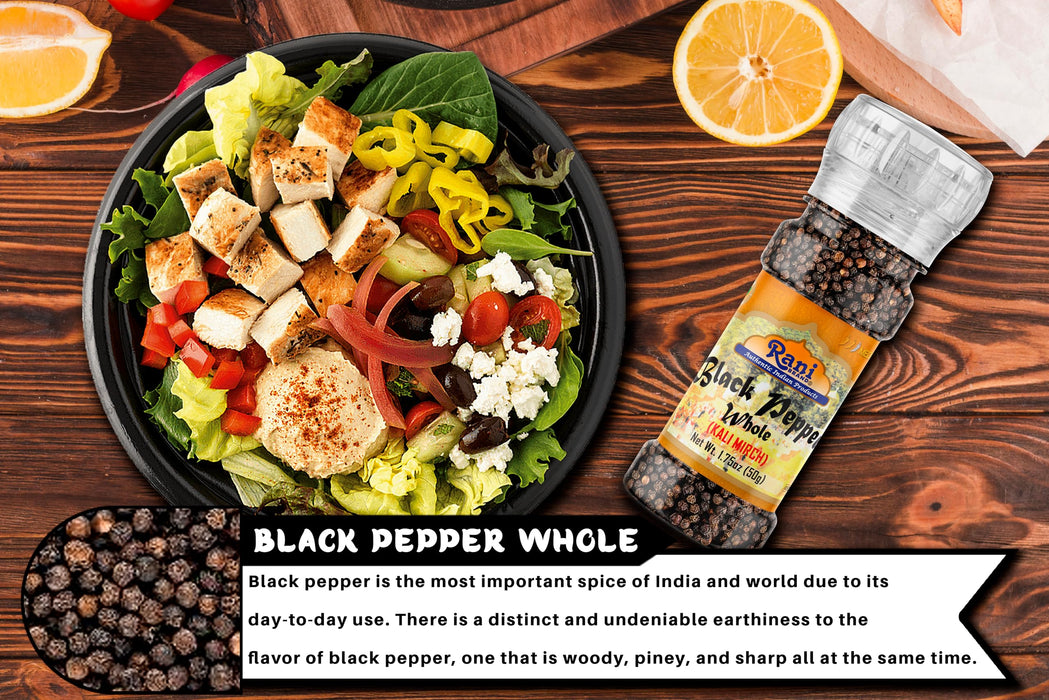 Rani Black Pepper Whole (Peppercorns), Premium Indian MG-1 Grade 1.75oz (50g) Grinder Bottle ~ All Natural | Gluten Friendly | Non-GMO