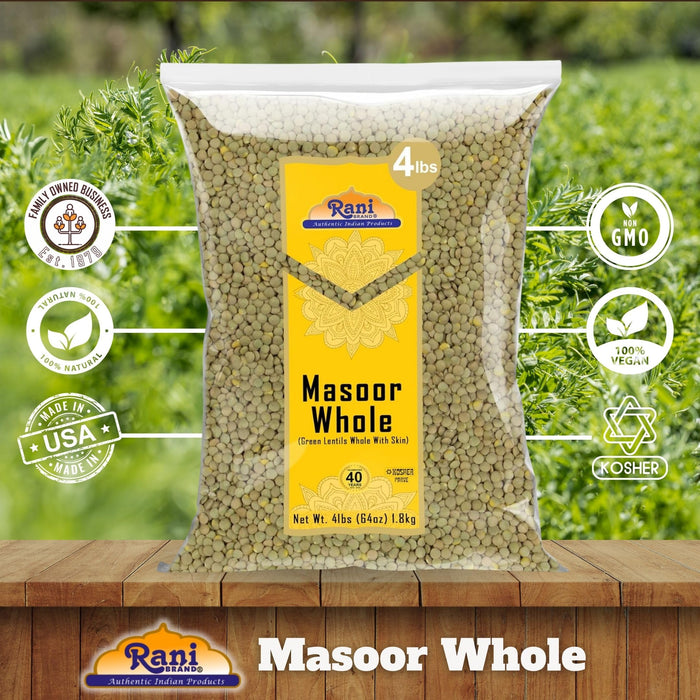 Rani Masoor Whole (Green Lentils Whole With Skin) 64oz (4lbs) 1.81kg Bulk ~ All Natural | Vegan | Gluten Friendly | Non-GMO | Kosher | Product of USA