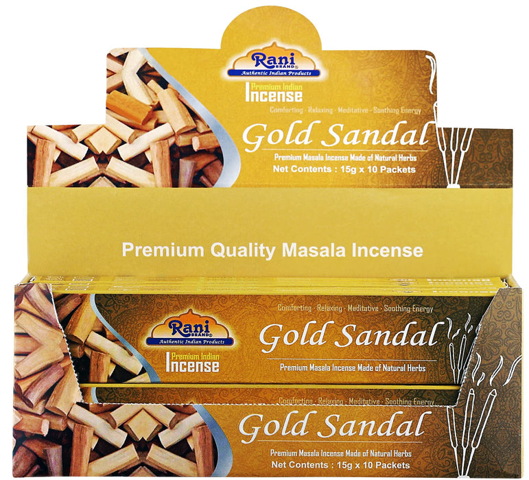 Rani Gold Sandal Incense (Premium Masala Incense Made of Natural Herbs) 15g x 10 Packets ~ Total of 100 Incense sticks | For Puja Purposes | Indian Origin