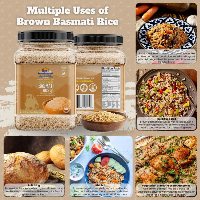 Rani Brown Basmati Rice Extra Long Aged 32oz (2lbs) 908g PET Jar ~ All Natural | Gluten Friendly | Vegan | Indian Origin | Kosher | Export Quality