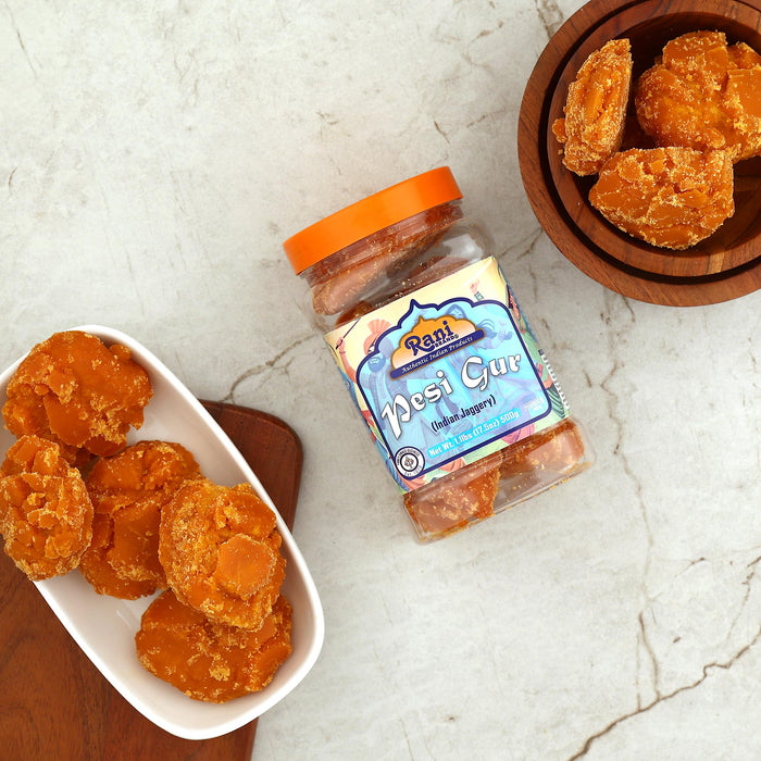 Rani Pesi Gur (Jaggery) Indian Unrefined Raw Cane Sugar 17.5oz (1.1lbs) 500g PET Jar ~ Gluten Friendly | Vegan | NON-GMO | Kosher | No Salt or fillers | Indian Product