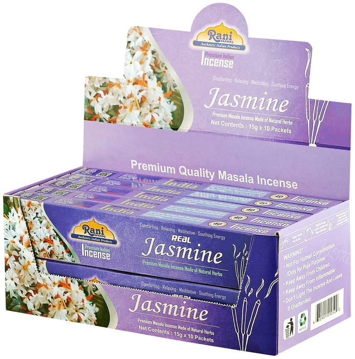 Rani Jasmine Incense (Premium Masala Incense Made of Natural Herbs) 15g x 10 Packets ~ Total of 100 Incense sticks | For Puja Purposes | Indian Origin