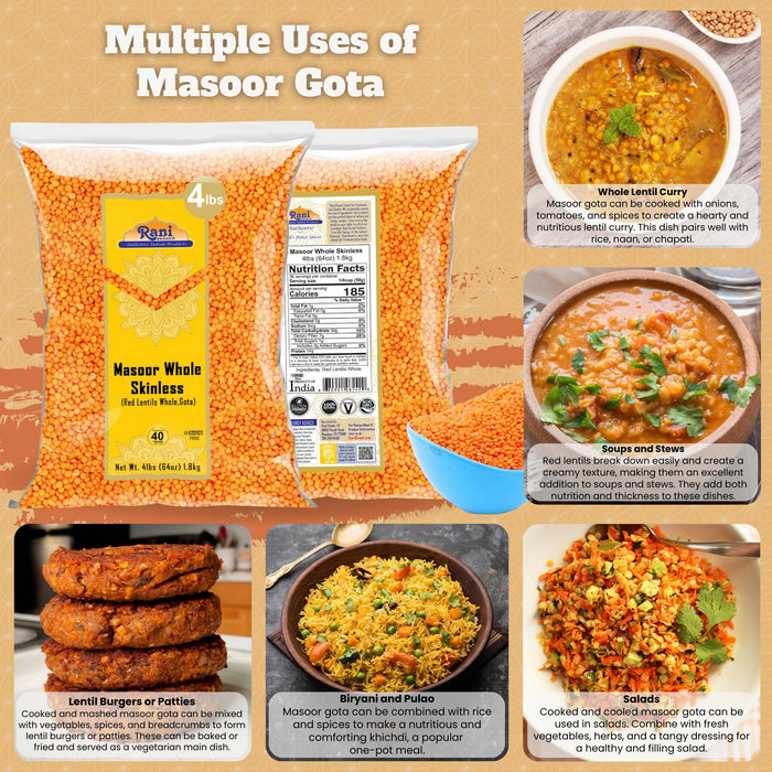 Rani Masoor Gota (Football) Indian Red Lentils Skinless 64oz (4lbs) 1.81kg ~ All Natural | Gluten Friendly | NON-GMO | Kosher | Vegan | Product of USA