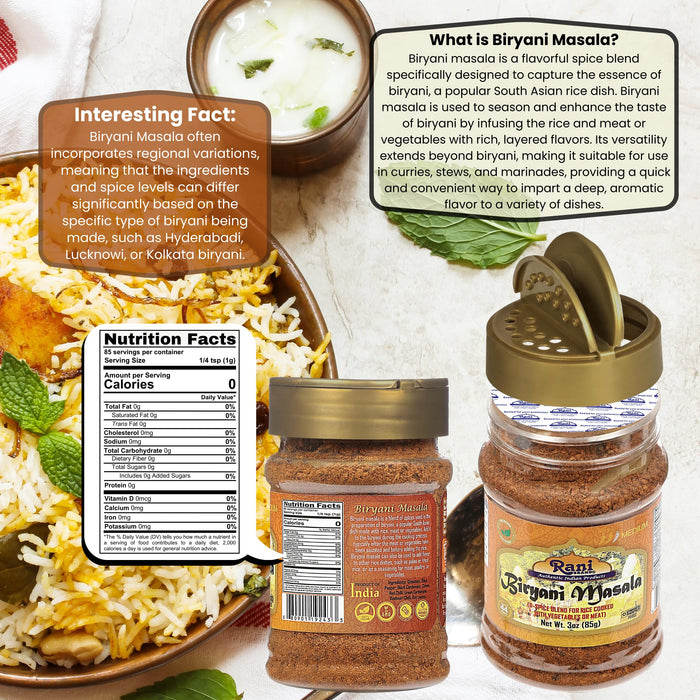 Rani Biryani Masala Curry (7-Spice Blend for Indian Rice Dishes, Pullao/Pilau) 3oz (85g) PET Jar ~ All Natural | Vegan | No Colors | Gluten Friendly | NON-GMO | Kosher | Indian Origin