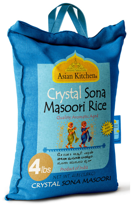 Asian Kitchen Crystal Sona Masoori Aged Rice 4lbs (1.81kg) Short Grain Rice ~ All Natural | Gluten Friendly | Vegan | Indian Origin | Export Quality