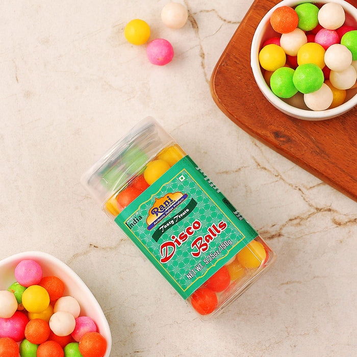 Rani Disco Balls 5.25oz (150g) Vacuum Sealed, Easy Open Top, Resealable Container ~ Indian Tasty Treats | Vegan | Gluten Friendly | NON-GMO | Indian Origin
