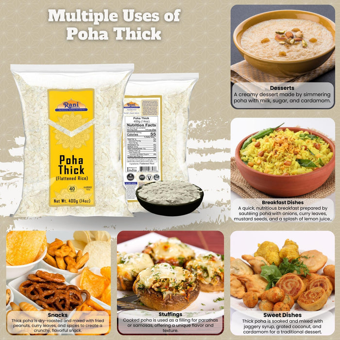Rani Poha (Powa) Thick Medium-Cut (Flattened Rice) 14oz (400g) ~ All Natural, Salt-Free | Vegan | Kosher | No Colors | Gluten Friendly | Indian Origin