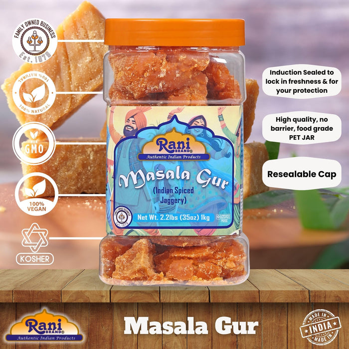 Rani Masala Gur (Jaggery) Indian Unrefined Raw Cane Sugar 35oz (2.2lbs) 1kg PET Jar ~ Gluten Friendly | Vegan | NON-GMO | Kosher | Indian Product