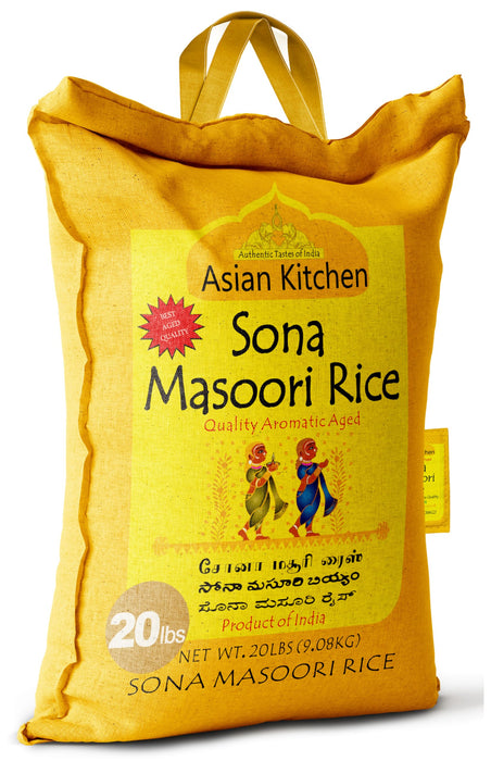Asian Kitchen White Sona Masoori Aged Rice 20lbs (9.08kg) Short Grain Rice ~ All Natural | Gluten Friendly | Vegan | Indian Origin | Export Quality