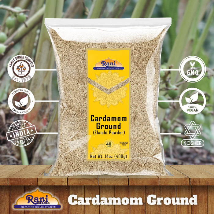 Rani Cardamom (Elachi) Ground, Powder Indian Spice 14oz (400g) ~ All Natural | No Color Added | Gluten Friendly | Vegan | NON-GMO | Kosher | No Salt or Fillers