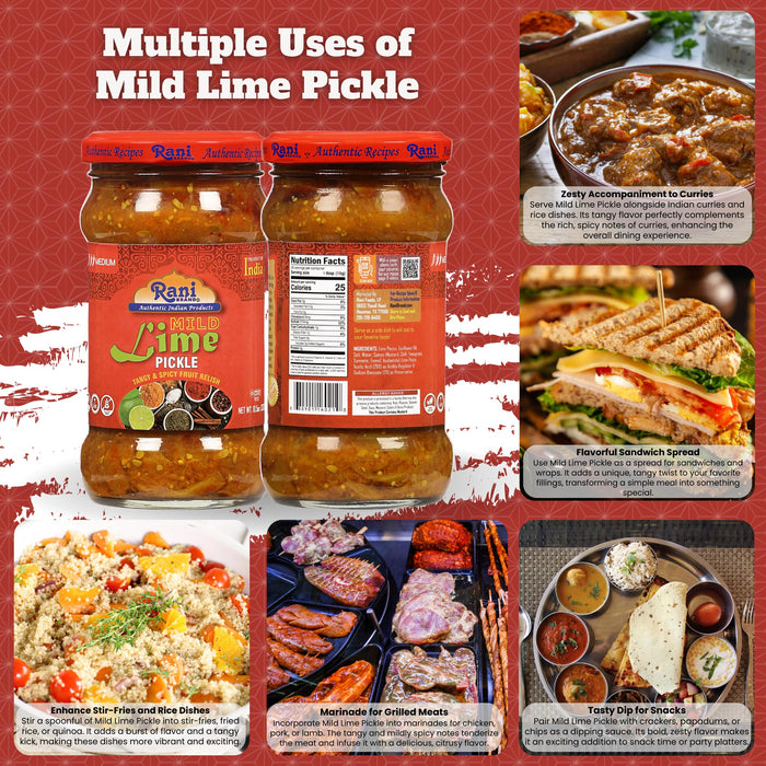 Rani Lime Pickle Mild (Achar, Spicy Indian Relish) 10.5oz (300g) ~ Glass Jar, All Natural | Vegan | Gluten Friendly | NON-GMO | Kosher | No Colors