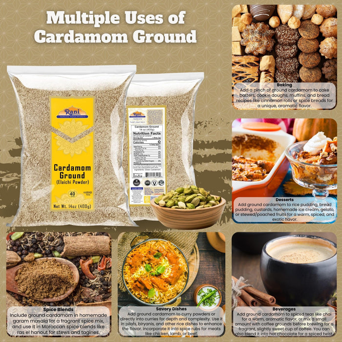 Rani Cardamom (Elachi) Ground, Powder Indian Spice 14oz (400g) ~ All Natural | No Color Added | Gluten Friendly | Vegan | NON-GMO | Kosher | No Salt or Fillers