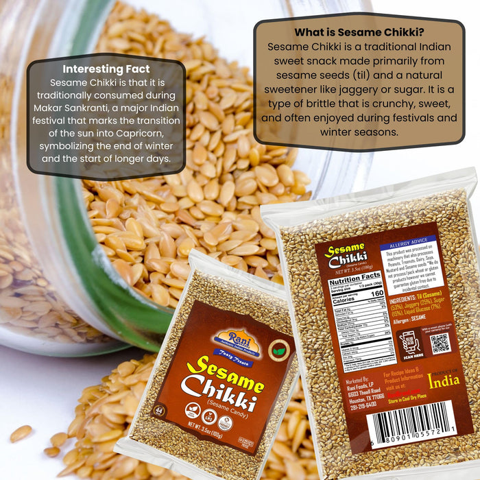 Rani Sesame Chikki (Brittle Candy) 100g (3.5oz) x Pack of 10 ~ All Natural | Vegan | Kosher | No colors | Gluten Friendly | Indian Origin