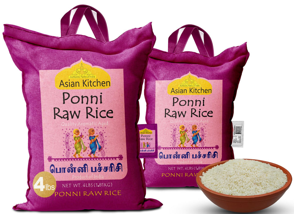 Asian Kitchen Ponni Raw Rice 4-Pound Bag, 4lbs (1.81kg) Short Grain Rice ~ All Natural | Gluten Friendly | Vegan | Indian Origin | Export Quality