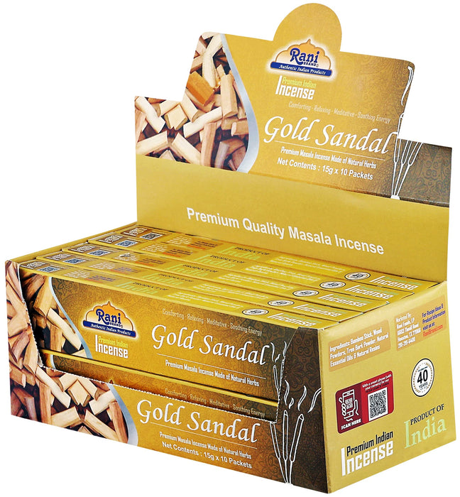 Rani Gold Sandal Incense (Premium Masala Incense Made of Natural Herbs) 15g x 10 Packets ~ Total of 100 Incense sticks | For Puja Purposes | Indian Origin