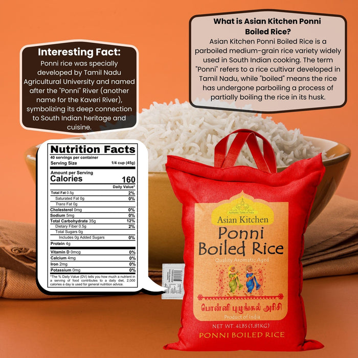 Asian Kitchen Ponni Boiled Rice 4-Pound Bag, 4lbs (1.81kg) Short Grain Par Boiled Rice ~ All Natural | Gluten Friendly | Vegan