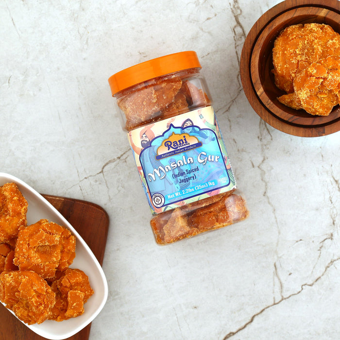 Rani Masala Gur (Jaggery) Indian Unrefined Raw Cane Sugar 35oz (2.2lbs) 1kg PET Jar ~ Gluten Friendly | Vegan | NON-GMO | Kosher | Indian Product