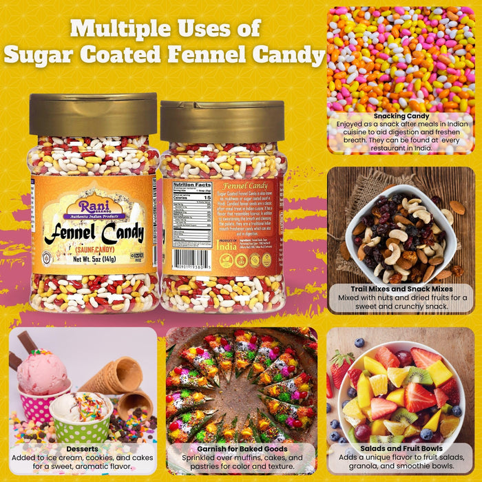 Rani Sugar Coated Fennel Candy 5oz (141g) PET Jar ~ Indian After Meal Digestive Treat | Vegan | Gluten Friendly | NON-GMO | Kosher | Indian Origin