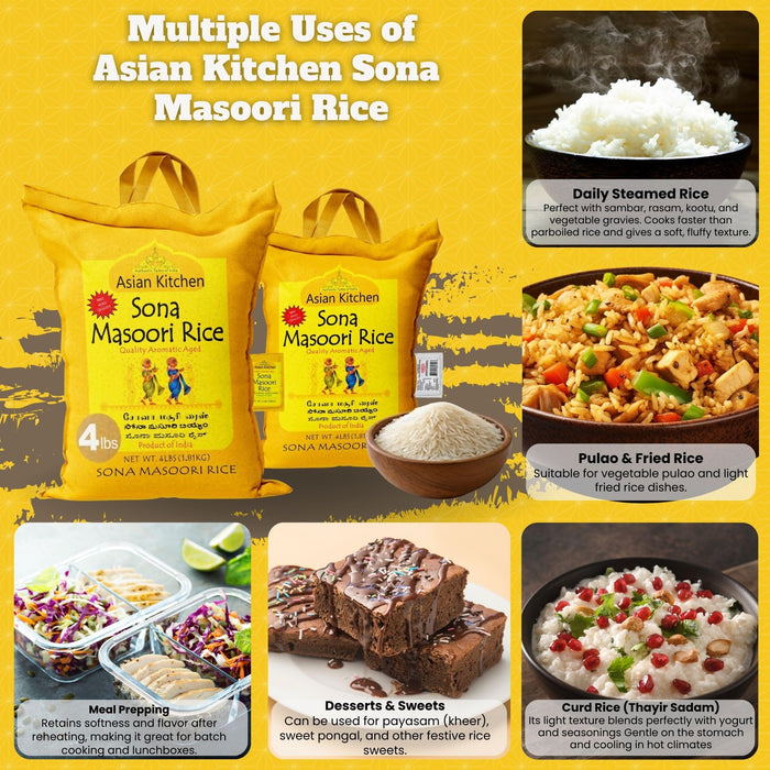 Asian Kitchen White Sona Masoori Aged Rice 4lbs (1.81kg) Short Grain Rice ~ All Natural | Gluten Friendly | Vegan | Indian Origin | Export Quality