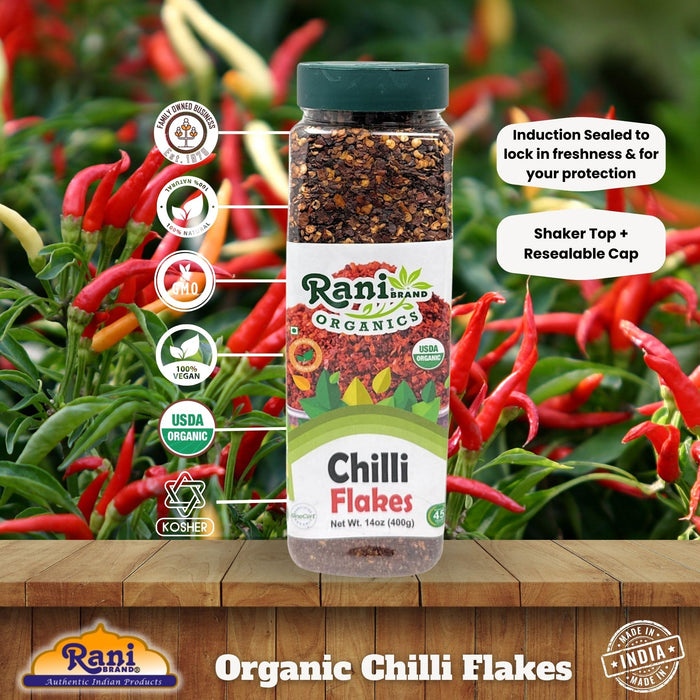 Rani Organic Chilli Flakes 14oz (400g) PET Jar ~ All Natural, No Color added | Gluten Friendly | Vegan | NON-GMO | Kosher | No Salt or fillers | USDA Certified Organic
