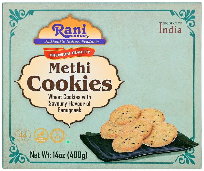 Rani Methi Cookies (Wheat Cookies with Savoury Flavour of Fenugreek) 14oz (400g) Pack of 3+1 FREE, Premium Quality Indian Cookies ~ All Natural | Vegan | Non-GMO | Indian Origin