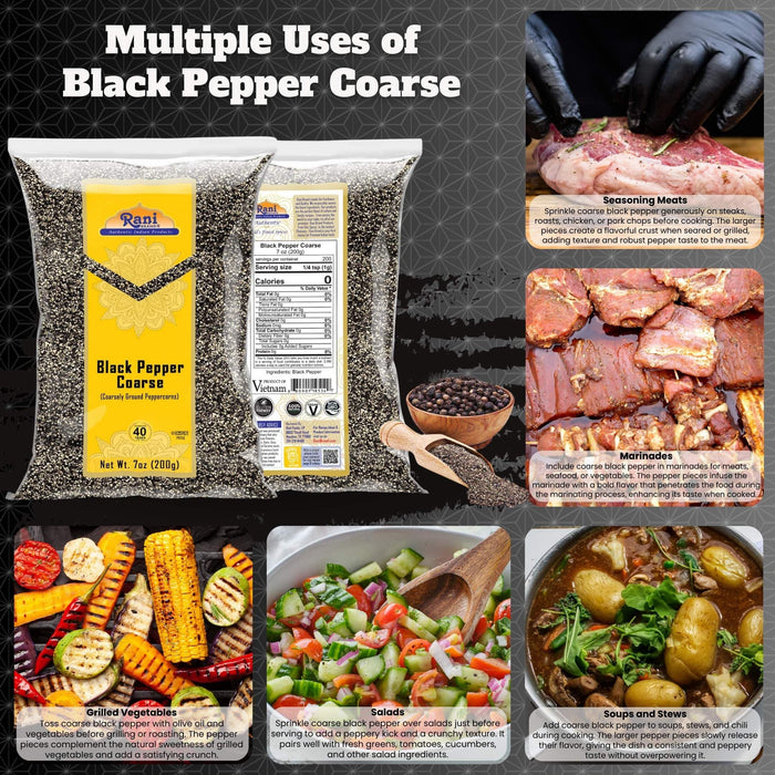 Rani Black Pepper Coarse Ground 28 Mesh (Table Grind), 7oz (200g) ~ Gluten Friendly | Non-GMO | Kosher | Natural