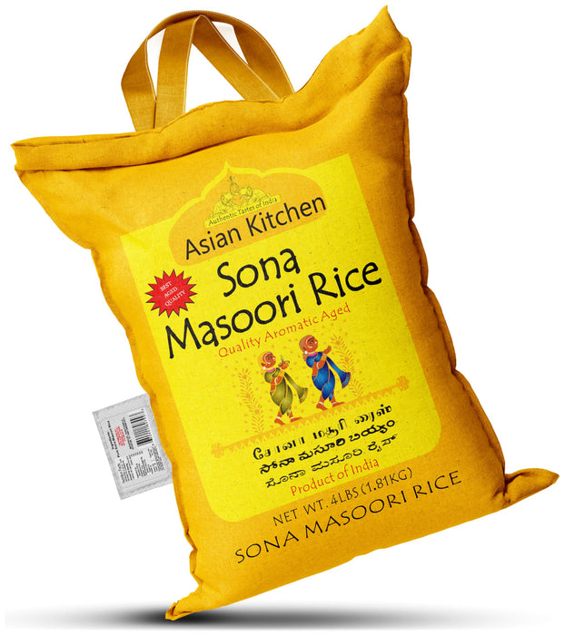 Asian Kitchen White Sona Masoori Aged Rice 4lbs (1.81kg) Short Grain Rice ~ All Natural | Gluten Friendly | Vegan | Indian Origin | Export Quality