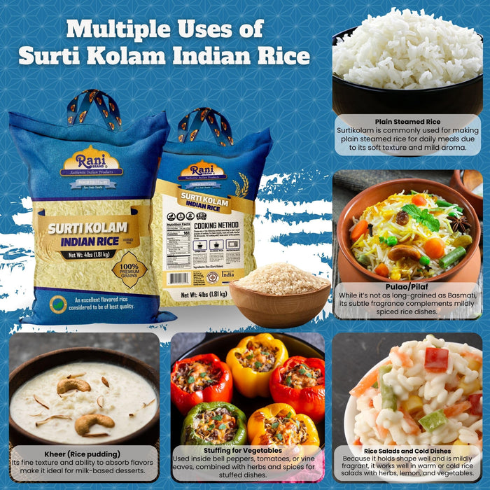 Rani Surti Kolam Indian Rice 64oz (4lbs) 1.81kg Cloth Bag ~ All Natural | Gluten Friendly | Vegan | Kosher | Export Quality | Indian Origin